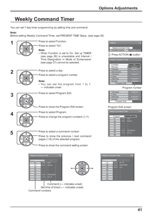 Page 41Options 
On Weekly Command TimerOnscreen display 
1/3 
 
Weekly Command Timer 
Program1MondayOnFunction
Program3Tuesday --- Wednesday Program3Thursday --- Friday Program6Saturday Program4Sunday Program Edit 
yProgram3Thursday --- Friday Program6Saturday Program4Sunday Program Edit 
Weekly Command Timer 
8:00 
10:30 0102
1/8
--:-- 03--:-- 04--:-- 
--:-- 0512:00 069:12 PON
IMS:SL1 
--- 
--- 
--- 
---  DAM:ZOOM 
AVL:10 0708
1Program
Weekly Command Timer 
20:00 
20:30 57 
58 
8/8 
 
22:00 59 --:-- 60 --:--...