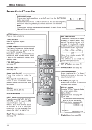 Page 1616
POWER button
The Plasma Display must ﬁ rst be plugged 
into the wall outlet and turned on at the 
power switch (see page 12).
Press this button to turn the Plasma 
Display On, from Standby mode. Press 
it again to turn the Plasma Display Off to 
Standby mode.
ACTION button
Press to make selections.
ASPECT button
Press to adjust the aspect. 
(see page 17)
POS. /SIZE button 
(see page 22)
PICTURE button
(see page 23)
Sound mute On / Off
Press this button to mute the 
sound.
Press again to reactivate...