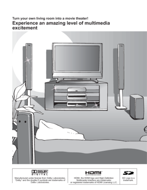 Page 22
Experience an amazing level of multimedia 
excitement
Turn your own living room into a movie theater!
R
Manufactured under license from Dolby Laboratories.
“Dolby” and the double-D symbols are trademarks of 
Dolby Laboratories.HDMI, the HDMI logo and High-Definition 
Multimedia Interface are trademarks
or registered trademarks of HDMI Licensing LLC.SD Logo is a 
trademark.
 