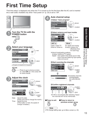 Page 1313
Quick Start Guide
 First Time  Setup Identifying  ControlsFirst time setup
Language
Clock
Auto program 
-
Language
Language
English
First time setup
Language
Clock
Auto program 
Clock
Date
Time
4 / 1 / 2006
9 : 43 AM
First time setup 
Language
Clock
Auto program 
Now scanning analog channel ... 
Progress
Auto program
ANT In
Mode
Start scan
All Cable
Auto program
ANT In
Mode
Start scan
All Cable
Edit
- - -
2 FavoriteApply
No
Ye s Add
vPress to exit
Turn the TV On with the 
POWER button
1
First Time...