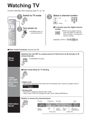 Page 1414
-
15-2
ABC - HD - 10:30 Andrew’ s cooking show 
1080I TV-GStandard4 : 3 
10:00 am 
30
CCSAP 
3
Watching TV
Switch to TV mode
1
2
up
down
or
Connect cable Box when watching cable TV. (p. 10)
Select a channel number
vTo directly input the digital channel 
number
-
example: CH15-1: -
Turn power on
•POWER button on 
unit should be On.
Rating LevelPicture
mode Signal
resolution
vOther Useful Functions (Operate after )
•0/30/60/90 (minutes)
Switches the unit OFF in a preset amount of time from 0 to 90...