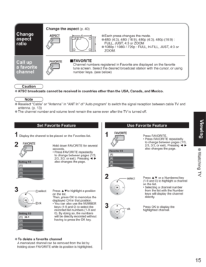 Page 1515
Viewing
 Watching TV
Viewing
Setting 1/3
[1]
[2]
[3]
[4]
[5]
Setting 1/3
[1]   26-1 
[2]
[3]
[4]
[5]
Favorite 1/3
[1]
[2]
[3]
[4]
[5]
1Display the channel to be placed on the Favorites list.
2  Hold down FAVORITE for several 
seconds.
 •  Press FAVORITE repeatedly 
to change between pages (1/3, 
2/3, 3/3, or exit). Pressing {y
also changes the page.
3 Press xzto highlight a position 
on the list. 
Then, press OK to memorize the 
displayed CH in that position.
 •  You can also use the NUMBER 
keys...