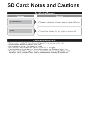 Page 1818
SD Card: Notes and Cautions
Message Meaning
Card Warning Messages
Cautions in handling card :
Is memory card in?
•The card is not inserted or this unit does not support the format.
•Do not remove the card while the unit is accessing data (this can damage card or unit).
•Do not touch the terminals on the back of the card.
•Do not subject the card to a high pressure or impact.
•Insert the card in the correct direction (otherwise, card may be damaged).
•Electrical interference, static electricity, or...