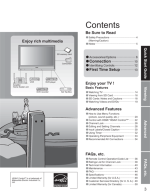 Page 33
Viewing
Advanced
FAQs, etc.
Quick Start Guide
Enjoy rich multimedia
SD memory card
Camcorder
Amplifier
Home theater unitVCR DVD player
DVD recorder Set Top Box
•Watching TV ··············································· 14
•Viewing from SD Card ······························· 16
•SD Cards: Notes and Cautions ·················· 18
•Watching Videos and DVDs ······················· 19
•How to Use Menu Functions 
(picture, sound quality, etc.) ······················· 20
•Control with HDMI “HDAVI...