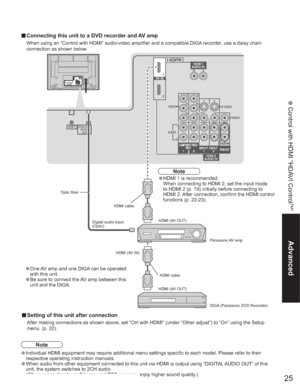 Page 2525
Advanced
 Control with HDMI “HDAVI Control
TM
”HDMI cable
vSetting of this unit after connection
After making connections as shown above, set “Ctrl with HDMI” (under “Other adjust”) to “On” using the Setup 
menu. (p. 22).
Note
Optic fiber
Digital audio input 
(Optic)HDMI (AV OUT)
HDMI (AV IN)
HDMI (AV OUT)
DIGA (Panasonic DVD Recorder) HDMI cablePanasonic AV  amp
vConnecting this unit to a DVD recorder and AV amp
When using an “Control with HDMI” audio-video amplifier and a compatible DIGA recorder,...