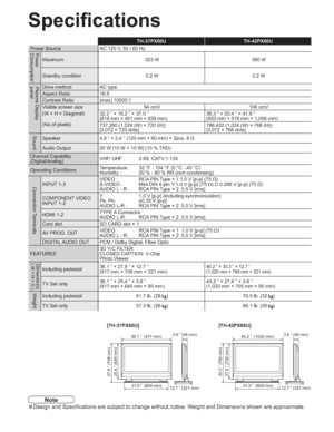 Page 4646
TH-37PX60U TH-42PX60U
Power Source AC 120 V, 50 / 60 Hz Power
Consumption
Maximum 323 W 390 W
Standby condition 0.2 W 0.2 W
Plasma Display 
panelDrive method AC type
Aspect Ratio 16:9
Contrast Ratio (max) 10000:1
Visible screen size
(W × H × Diagonal)
(No.of pixels)94 cmV 106 cmV
32.2 ” × 18.2 ” × 37.0 ”
(818 mm × 461 mm × 939 mm)36.3 ” × 20.4 ” × 41.6 ”
(920 mm × 518 mm × 1,056 mm)
737,280 (1,024 (W) × 720 (H))
[3,072 × 720 dots]786,432 (1,024 (W) × 768 (H))
[3,072 × 768 dots]
SoundSpeaker 4.8 ” ×...