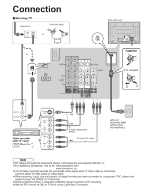 Page 1010
IN OUT
ANT IN
ANT OUTS-Video
OUT
Video
OUT
Audio
OUTL
R
Video
IN
Audio
INL
R
Connection
vWatching TVBack of the unit
Cable BOX
S-Video signals have 
priority. orVHF/UHF aerial
DVD Recorder /
VCR
Fastener
•To unfasten
AC cord
(Connect after 
all the other 
connections.)
Note
•All cables and external equipment shown in this book are not supplied with the TV. 
•For additional assistance, visit us at : www.panasonic.com
www.panasonic.ca
•The S Video input will override the composite video signal when S...