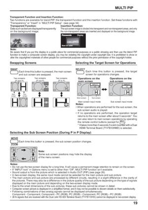 Page 1919
MULTI PIP
Transparent Function and Insertion Function:
Two functions are available for blend PIP: the transparent function and the insertion function. Set these functions with 
“Transparency” or “Insert” in “MULTI PIP Setup”. (see page 34)
Transparent Function:
Data such as text are displayed transparently 
on the background image.Insertion Function:
The sub screen image is divided into transparent and non-transparent areas, and only 
the non-transparent areas are inserted and displayed on the...