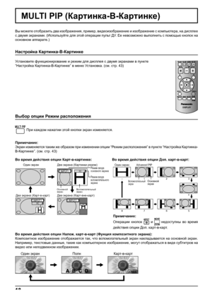 Page 1818
MULTI PIP (Картинка-В-Картинке)
Вы можете отобразить два изображения, пример, видеоизображение и изображение с компьютера, на дисплее 
с двумя экранами. (Используйте для этой операции пульт ДУ. Ее невозможно выполнить с помощью кнопок на 
основном аппарате.)
Настройка Картинка-В-Картинке
Установите функционирование и режим для дисплея с двумя экранами в пункте 
“Настройка Картинка-В-Картинке” в меню Установка. (см. стр. 43)
Выбор опции Режим расположения
 При каждом нажатии этой кнопки экран...