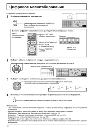 Page 20s1 
 s2 
 s3 
 s4 
1 
Выход
2 
Выход
2 
INPUT MENU  ENTER/ +/  VOL -/ 
20
Цифровое масштабирование
1
3 2
4
Отображает руководство пользователя.
Отображает руководство пользователя.
Нажимом кнопки выбирается Digital Zoom.
Будет отображаться руководство 
пользователя.
Выберите область изображения, которую следует увеличить.
Нажимом кнопок выбирается расположение увеличиваемой области.
Выберите необходимое приближение для увеличенного изображения.
При каждом нажиме кнопки изменяется коэффициент увеличения....