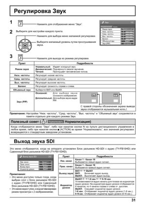 Page 31Звук 
Норма Нормализовать Нормальный 
0 
0 
0 
ВЫКЛ 
Выс. частоты 0 
Сред. частоты  Режим звука 
Баланс  Низк. частоты 
Объемный звук 
Основной  Звук (PIP)
1/2
31
Регулировка Звук
1Нажмите для отображения меню “Звук”.
Нажмите для выбора меню желаемой регулировки.
Выберите желаемый уровень путем прослушивания 
звука.
Примечание:  Настройки “Низк. частоты”, “Сред. частоты”, “Выс. частоты” и “Объемный звук” сохраняются в 
памяти отдельно для каждого режима Звук.
2Выберите для настройки каждого пункта.
Пункт...