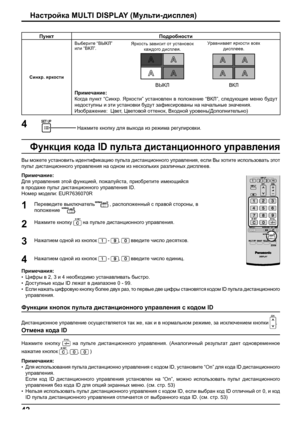 Page 4242
Вы можете установить идентификацию пульта дистанционного управления, если Вы хотите использовать этот 
пульт дистанционного управления на одном из нескольких различных дисплеев.
Переведите выключатель
 , расположенный с правой стороны, в 
положение 
.
Нажмите кнопку 
 на пульте дистанционного управления.
Нажатием одной из кнопок 
 - ,  введите число десятков.
Нажатием одной из кнопок 
 - ,  введите число единиц. 
Примечания:
• Цифры в 2, 3 и 4 необходимо устанавливать быстро.
• Доступные коды ID лежат...