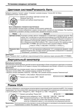 Page 483D Y/C фильтр (NTSC)
Цветовая система
Сигнал
ВКЛ
Авто
Виртуальный кинотеатр
Panasonic Авто (4:3)ВЫКЛ
4 : 3 
[ 
AV  ] 
Уменьшение помехВЫКЛОбновить частоту100 Hz
Виртуальный кинотеатрВЫКЛ
Режим XGAАвто
48
Установка входных сигналов
Цветовая система/Panasonic Авто
Выберите параметр “Сигнал” в меню “Установка” в режиме входных “Сигнал [AV]” (S Video). 
(Отображается меню “Сигнал [AV]”)
Нажмите для выбора “Цветовая система” или 
“Panasonic Авто (4:3)”.
Нажмите для выбора каждой функции.
Если изображение...