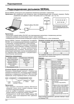 Page 10SERIAL 
6 7 8 9 
1 3 4 5 2 
10
Подсоединение разъемов SERIAL
Примечания:
• Используйте прямой кабель RS-232C для подсоединения компьютера к плазменному дисплею.
• Компьютер приведен на иллюстрации только с целью примера.
• Изображенная дополнительная аппаратура и шнуры не поставляются с этим телевизором.
Разъем SERIAL отвечает спецификации интерфейса 
RS-232C, так что плазменный дисплей может управляться 
с компьютера, который подключен к этому разъему.
На компьютере потребуется установить
 программное...