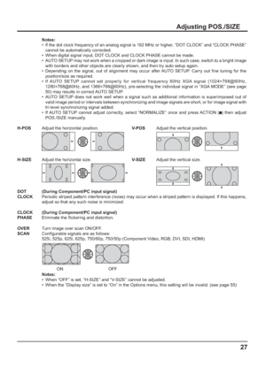 Page 2727
H-POSAdjust the horizontal position.V-POSAdjust the vertical position.
H-SIZEAdjust the horizontal size.V-SIZEAdjust the vertical size.
DOT 
CLOCK(During Component/PC input signal)
Periodic striped pattern interference (noise) may occur when a striped pattern is displayed. If this happens, 
adjust so that any such noise is minimized.
CLOCK 
PHASE(During Component/PC input signal)
Eliminate the 	 ickering and distortion.
OVER 
SCANTurn image over scan ON/OFF.
Con gurable signals are as follows:
525i,...