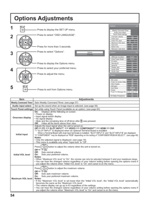 Page 54Options 
Weekly Command TimerAudio input select
1/3 
 
Touch Panel settings
Initial input Onscreen displayOn
Off
Off Off
0 0Maximum VOL level Initial VOL levelOffInput lockOffButton lockOffRemocon User level
Options 
Enable Off-timer function Normal Initial Power Mode 0 ID select Off Remote ID Off Serial ID Off Display size Off Studio W/B Off Studio Gain 
2/3 
 
3/3 Options 
O f f 
Off
Off Clock Display
Rotate
Off All AspectManual Auto Setup Slot power 
Off
Power On Screen Delay
3D Safety Precautions...