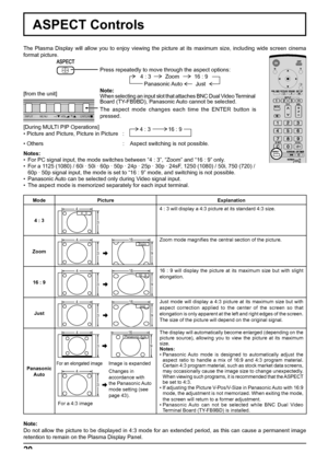 Page 204 : 3 16 : 9
4 : 3 Zoom 16 : 9
Panasonic Auto Just
INPUT MENU ENTER/+/ VOL-/
20
ASPECT Controls
The Plasma Display will allow you to enjoy viewing the picture at its maximum size, including wide screen cinema 
format picture.
[During MULTI PIP Operations]
• Picture and Picture, Picture in Picture  :
• Others        :    Aspect switching is not possible.
Notes:
•  For PC signal input, the mode switches between “4 : 3”, “Zoom” and “16 : 9” only.
•  For a 1125 (1080) / 60i · 50i · 60p · 50p · 24p · 25p ·...