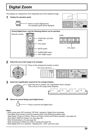 Page 29× 1× 2× 3× 4
1
Exit
2
EXIT
2
INPUT MENU ENTER/+/ VOL-/
29
Digital Zoom
1
3 2
4
This displays an enlargement of the designated part of the displayed image. 
Display the operation guide.
Press to access Digital Zoom.
The operation guide will be displayed.
Select the area of the image to be enlarged.
Press on the enlargement location to select.
Select the magniﬁ cation required for the enlarged display.
Each time this is pressed, the magniﬁ cation  factor  changes. 
This is shown in the image being...