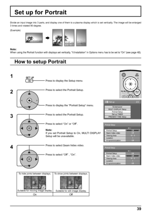 Page 392/2 Set up
Screensaver
MULTI DISPLAY Setup
Portrait Setup
Set up TIMER
PRESENT TIME Setup
Off Portrait Setup
Seam hides videoOff
1
Off
AI-synchronization Viewing Area
Location16 : 9
Portrait Setup
Off Portrait Setup
Seam hides videoOff
1
Off
AI-synchronization Viewing Area
Location16 : 9
Portrait Setup
39
Divide an input image into 3 parts, and display one of them to a plasma display which is set vertically. The image will be enlarged 
3 times and rotated 90-degree.
Set up for Portrait
Press to display...