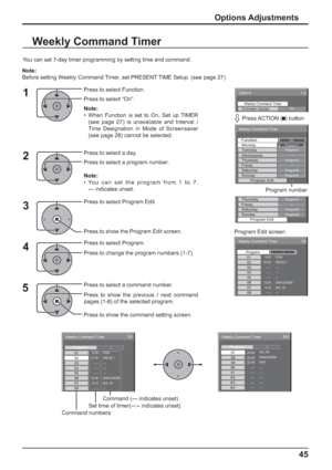 Page 45Options 
On Weekly Command TimerOnscreen display 
1/3 
 
Weekly Command Timer 
Program1MondayOnFunction
Program3Tuesday --- Wednesday Program3Thursday --- Friday Program6Saturday Program4Sunday Program Edit 
yProgram3Thursday --- Friday Program6Saturday Program4Sunday Program Edit 
Weekly Command Timer 
8:00 
10:30 0102
1/8
--:-- 03--:-- 04--:-- 
--:-- 0512:00 069:12 PON
IMS:SL1 
--- 
--- 
--- 
---  DAM:ZOOM 
AVL:10 0708
1Program
Weekly Command Timer 
20:00 
20:30 57 
58 
8/8 
 
22:00 59 --:-- 60 --:--...