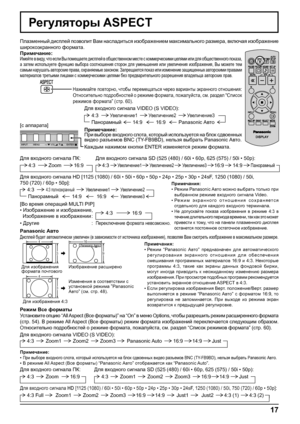 Page 17INPUT MENU  ENTER/ +/  VOL -/ 
Увеличение1Увеличение2
ПанорамныйPanasonic Авто
Увеличение3
16:9 4:314:9
17
Регуляторы ASPECT
Плазменный дисплей позволит Вам насладиться изображением максимального размера, включая изображение 
широкоэкранного формата.
Примечание:
Имейте в виду, что если Вы помещаете дисплей в общественном месте с коммерческими целями или для общественного показа, 
а затем используете функцию выбора соотношения сторон для уменьшения или увеличения изображения, Вы можете тем 
самым нарушать...