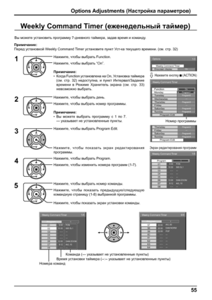 Page 55Options 
On Weekly Command TimerOnscreen display 
1/3 
 
Weekly Command Timer 
Program1MondayOnFunction
Program3Tuesday --- Wednesday Program3Thursday --- Friday Program6Saturday Program4Sunday Program Edit 
yProgram3Thursday --- Friday Program6Saturday Program4Sunday Program Edit 
Weekly Command Timer 
8:00 
10:30 0102
1/8
--:-- 03--:-- 04--:-- 
--:-- 0512:00 069:12 PON
IMS:SL1 
--- 
--- 
--- 
---  DAM:ZOOM 
AV L : 1 0  0708
1Program
Weekly Command Timer 
20:00 
20:30 57 
58 
8/8 
 
22:00 59 --:-- 60...