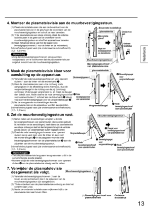 Page 1313
Nederlands
4.  Monteer de plasmatelevisie aan de muurbevestigingssteun.
(1)  Plaats de isolatiebussen die aan de bovenkant van de 
plasmatelevisie zijn in de gleuf aan de bovenkant van de 
muurbevestigingssteun en schuif ze naar beneden.
(2)  
Til de plasmatelevisie een stukje omhoog, steek de onderste 
isolatiebussen in de gaten aan de onderkant van de 
muurbevestigingssteun en schuif het apparaat naar beneden.
(3)  Maak het geheel stevig vast met de bijgeleverde 
bevestigingsschroeven (1 voor de...