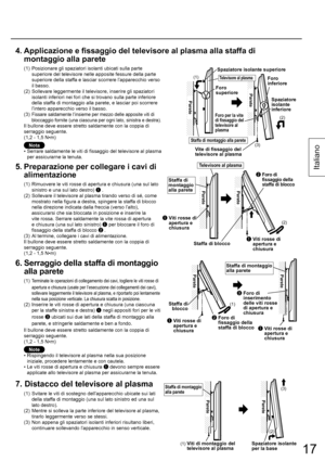 Page 1717
Italiano
4.  Applicazione e fissaggio del televisore al plasma alla staffa di 
montaggio alla parete
(1)  Posizionare gli spaziatori isolanti ubicati sulla parte 
superiore del televisore nelle apposite fessure della parte 
superiore della staffa e lasciar scorrere l’apparecchio verso 
il basso.
(2)  Sollevare leggermente il televisore, inserire gli spaziatori 
isolanti inferiori nei fori che si trovano sulla parte inferiore 
della staffa di montaggio alla parete, e lasciar poi scorrere 
l’intero...