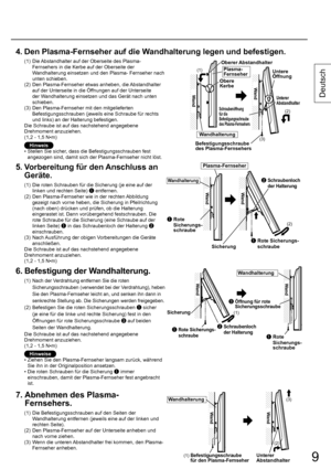 Page 99
Deutsch
9
4.  Den Plasma-Fernseher auf die Wandhalterung legen und befestigen.
(1)  Die Abstandhalter auf der Oberseite des Plasma- 
Fernsehers in die Kerbe auf der Oberseite der 
Wandhalterung einsetzen und den Plasma- Fernseher nach 
unten schieben.
(2)  Den Plasma-Fernseher etwas anheben, die Abstandhalter 
auf der Unterseite in die Öffnungen auf der Unterseite 
der Wandhalterung einsetzen und das Gerät nach unten 
schieben.
(3)  Den Plasma-Fernseher mit den mitgelieferten 
Befestigungsschrauben...