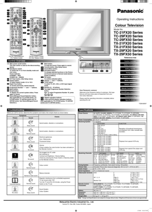 Page 1MENU TV/AV  AV 2 I NVIDEO L/MONO R
AUDIO
MENU TV/AV

































!
Matsushita Electric Industrial Co., Ltd.
Central P.O. Box 288, Osaka 530-8692, Japan.
Operating Instructions
Colour Television
Model No.
TC-21FX20 Series
TC-29FX20 Series
TC-29FX50 Series
TX-21FX20 Series
TX-21FX50 Series
TX-29FX20 Series
TX-29FX50 Series
Control Overview
A  Main power on/off switch.
The main switch is used as the disconnecting 
device. 
1...