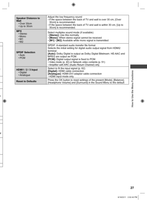 Page 27 
How to Use the Menu Functions
27
Speaker Distance to 
Wall• Over  30cm
• Up to 30cm Adjust the low frequency sound 
●If the space between the back of TV and wall is over 30 cm, [Over 
30cm] is recommended.
 
●If the space between the back of TV and wall is within 30 cm, [Up to 
30cm] is recommended.
 MPX • Stereo
• Mono
• M1
• M2 Select multiplex sound mode (if available)
 
●[Stereo]: Use this normally 
●[Mono]:  When stereo signal cannot be received 
●[M1] /  [M2]: Available while mono signal is...