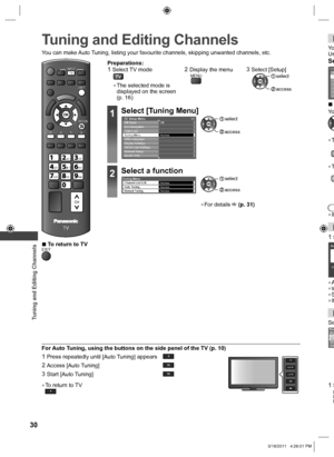 Page 30  Tuning and Editing Channels
30
 
Tuning and Editing Channels
You can make Auto Tuning, listing your favourite channels, skipping unwanted channels, etc.
EXIT
RETURN
TV
abcdef
jk   lghimno
tuvpqrswxyz
RGY B
CH
INPUTAV TV PCINPUTTV
  ■To return to TVEXIT
Preparations:1 Select TV mode2  Display the menu3  Select [Setup]MENU
  access
 select
  ●The selected mode is 
displayed on the screen 
(p. 16)
1Select [Tuning Menu]Setup Menu1/2
Off Timer
Eco Navigation
Child Lock
Tuning MenuOSD Language
Display...