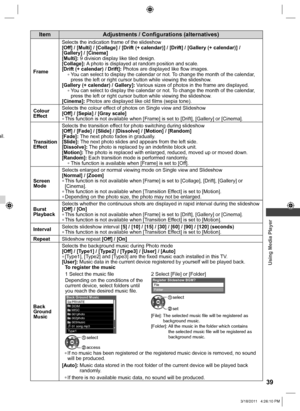 Page 39  Using Media Player
39
ail.
 
Item  Adjustments / Configurations (alternatives)
 
FrameSelects the indication frame of the slideshow
[Off] / [Multi] / [Collage] / [Drift (+ calendar)] / [Drift] / [Gallery (+ calendar)] /
[Gallery] / [Cinema]
[Multi]: 9 division display like tiled design.
[Collage]: A photo is displayed at random position and scale.
[Drift (+ calendar) / Drift]: Photos are displayed like flow images.• You can select to display the calendar or not. To change the month of the calendar,...
