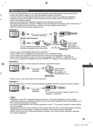 Page 45  Using Network Services
45
er 
is 
  Network connections
To use only DLNA features, you can operate the features without Broadband network environment.
To enjoy the Internet contents, you need a Broadband network environment.
  ●If you do not have any Broadband network services, please consult your retailer for assistance.  ●Confirm the terms and conditions of the contracts with your Internet Service Provider (ISP) or 
telecommunications company.
  ●Set up and connect all the equipment required for the...