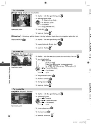 Page 50  Using Network Services
50
For photo file
[Single view] 
- Displayed one at a time
Operation guide
Single viewSingle view
Rotate StopEXIT
Select
RETURN
  ●To display / hide the operation guide INFO
  ●To operate Single viewTo the previous photo
To the next photo
Slideshow
Stop (return to list)
  ●To rotate 90° B
  ●To return to the list RETURN
 
[Slideshow] - Slideshow will be started from the selected photo file and completed within the list.
Start Slideshow 
R  ●To display / hide the operation guide...