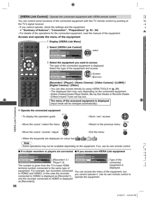 Page 56  VIERA Link Functions
56
EXIT
OPTIONRETURN
RGY B
 
[VIERA Link Control] - Operate the connected equipment with VIERA remote control
You can control some functions of the connected equipment with this TV remote control by pointing at 
the TV’s signal receiver.
  ●If you cannot operate, check the settings and the equipment “Summary of features”, “Connection”, “Preparations” (p. 53 - 54)  ●For details of the operations for the connected equipment, read the manual of the equipment.
Access and operate the...