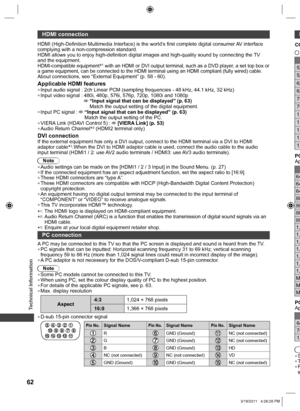 Page 62  Technical Information
62
 
HDMI connection
HDMI (High-Definition Multimedia Interface) is the world’s first complete digital consumer AV interface 
complying with a non-compression standard.
HDMI allows you to enjoy high-definition digital images and high-quality sound by connecting the TV 
and the equipment.
HDMI-compatible equipment1 with an HDMI or DVI output terminal, such as a DVD player, a set top box or 
a game equipment, can be connected to the HDMI terminal using an HDMI compliant (fully...