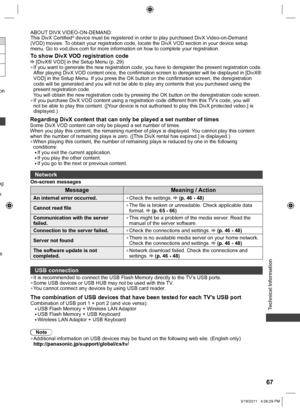 Page 67  Technical Information
67
Regarding DivX content that can only be played a set number of timesSome DivX VOD content can only be played a set number of times.
When you play this content, the remaining number of plays is displayed. You cannot play this content 
when the number of remaining plays is zero. ([This DivX rental has expired.] is displayed.)
  ●When playing this content, the number of remaining plays is reduced by one in the following 
conditions:
  ●If you exit the current application.  ●If you...