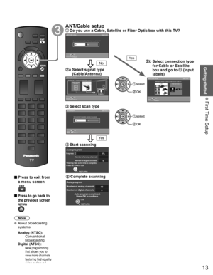 Page 1413
Getting started
 First Time Setup
 Press to exit from 
a menu screen
 
 Press to go back to 
the previous screen
Note
 About broadcasting 
systems
 Analog (NTSC):
    Conventional 
broadcasting
 Digital (ATSC):
   
 New programming 
that allows you to 
view more channels 
featuring high-quality 
video and sound
   
 
ANT/Cable setup Do you use a Cable, Satellite or Fiber Optic box with this TV?ANT/Cable setup
Step 4 of 7
ReturnOK
Select
Ye sNoDo you use a Cable, Satellite or Fiber Optic box with this...