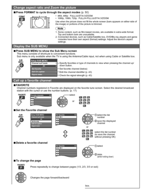 Page 1918
Change aspect ratio and Zoom the picture
  ■Press  FORMAT to cycle through the aspect modes (p. 50)
•  480i, 480p:  FULL/JUST/4:3/ ZOOM
•  1080p, 1080i, 720p:  FULL/H-FILL/JUST/4:3/ZOOM
Use when the picture does not fill the whole screen (bars appears on either side of 
the image) or portions of the picture is trimmed.
Note
1.  Some content, such as film-based movies, are available in extra-wide format. 
Top and bottom bars are unavailable.
2.  Connected devices, such as Cable/Satellite box,...