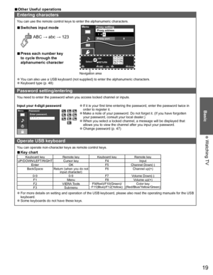 Page 2019
Basic
 Watching TV
  ■Other Useful operations
Entering characters
You can use the remote control keys to enter the alphanumeric characters.
  ■Switches input mode
 ABC → abc → 123
  ■Press each number key 
to cycle through the 
alphanumeric character 1 @.4 GHI7 PQRS2ABC5 JKL8 TUV3 DEF6MNO9 WXYZ0- ,LASTDelete ABC → abc
RETURNSelectOK
MenuProxy settingProxy address
0 Proxy port1  4  8
Navigation area
  ●You can also use a USB keyboard (not supplied) to enter the alphanumeric characters.  ●Keyboard type...