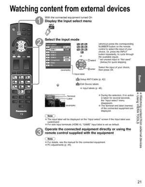 Page 2221
Basic
 Watching content from external devices Using VIERA TOOLS
With the connected equipment turned On
Display the  Input select menu
Select the input mode
Input selectANT/Cable In12345678
HDMI 1
HDMI 2
HDMI 3
Video
PCGAME
HDMI 4
ComponentAUX GAME
Not used
(example)
Input label
or
 select
 enter
  Setup ANT/Cable (p. 42)
  Edit Device labels 
 Input labels (p. 48)(shortcut) press the corresponding 
NUMBER button on the remote 
control to select the input of your 
choice. Or, press the INPUT 
button...