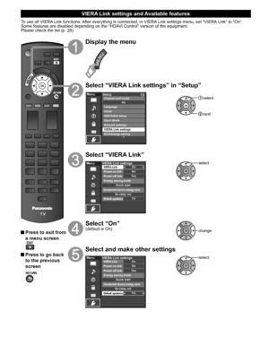 Page 3130
  VIERA Link settings and Available features
To use all VIERA Link functions: After everything is connected, in VIERA Link settings menu, set “VIERA Link” to “On”.
Some features are disabled depending on the “HDAVI Control” version of the equipment. 
Please check the list (p. 28)
 Press to exit from 
a menu screen
 Press to go back 
to the previous 
screen
Display the menu
Select “VIERA Link settings” in “Setup”
MenuSetup
1/2
ANT/Cable setupInput labels
Network settings
VIERA Link settings
ECO/energy...