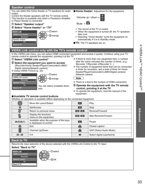 Page 3433
Advanced
 VIERA Link
TM “HDAVI Control
TM”
Speaker control
You can select the Home theater or TV speakers for audio 
output.
Control the theater speakers with the TV remote control.
This function is available only when a Panasonic Amplifier 
or Player theater is connected.
 Select “Speaker output”
 Select “Home theater” or “TV”
 select
 changeRecorder
TVBack to TV VIERA Link control
Speaker output
  ■Home theater: Adjustment for the equipment
  Volume up / down  
 Mute   
• The sound of the TV is...