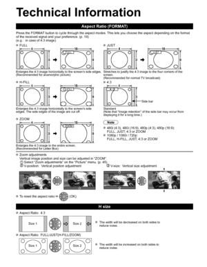 Page 5150
  Technical Information
 
Aspect Ratio (FORMAT)
Press the FORMAT button to cycle through the aspect modes. This lets you choose the aspect depending on the format 
of the received signal and your preference. (p. 18) 
(e.g.:  in case of 4:3 image)
 FULL JUST
FULL JUST 
Enlarges the 4:3 image horizontally to the screen’s side edges.
(Recommended for anamorphic picture)Stretches to justify the 4:3 image to the four corners of the 
screen. 
(Recommended for normal TV broadcast)
 H-FILL 4:3
H-FILL 
Side...