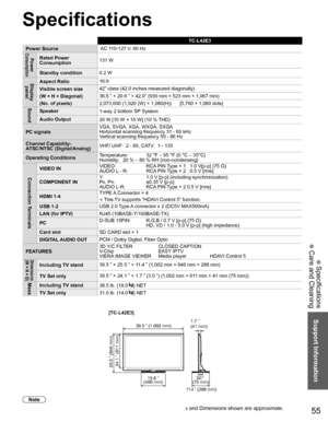 Page 5655
Support Information
 Specifications
 Care and Cleaning
  Specifications
TC-L42E3
Power SourceAC 110-127 V, 60 Hz
Power ConsumptionRated Power 
Consumption131 W
Standby condition0.2 W
Display 
panelAspect Ratio16:9
Visible screen size
(W × H × Diagonal)
(No. of pixels)42” class (42.0 inches measured diagonally)
36.6 ” × 20.6 ” × 42.0” (930 mm × 523 mm × 1,067 mm)
2,073,600 (1,920 (W) × 1,080(H))      [5,760 × 1,080 dots]
SoundSpeaker
1-way 2 bottom SP System
Audio Output
20 W [10 W + 10 W] (10 % THD)...