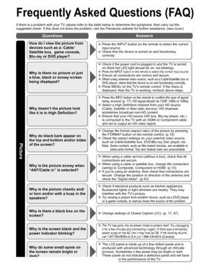 Page 5756
Questions Answers
Picture
  Frequently Asked Questions (FAQ)
If there is a problem with your TV, please refer to the table below to determine the symptoms, then carry out the 
suggested check. If this does not solve the problem, visit the Panasonic website for further assistance. (see cover)
How do I view the picture from 
devices such as a: Cable/
Satellite box,  game console, 
Blu-ray or DVD player?  Press the INPUT button on the remote to select the correct 
input source.
  Check that the device is...