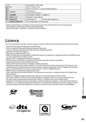 Page 107Specifications  |  Licence
107
Connection TerminalsPCHIGH-DENSITY D-SUB 15PIN
R,G,B : 0.7 V[p-p] (75 Ω)
HD, VD : TTL Level 2.0 – 5.0 V[p-p] (high impedance)
Card slotSD Card slot × 1
Common Interface slot × 1
ETHERNETRJ45, IEEE802.3 10BASE-T / 100BASE-TX
USB 1 / 2 / 3USB2.0 DC 5 V, Max. 500 mA 
AUDIO OUTRCA PIN Type × 2         0.5 V[rms] (high impedance)
DIGITAL AUDIO OUTPCM / Dolby Digital / DTS, Fiber optic
• Design and Specifications are subject to change without notice. Mass and Dimensions shown are...