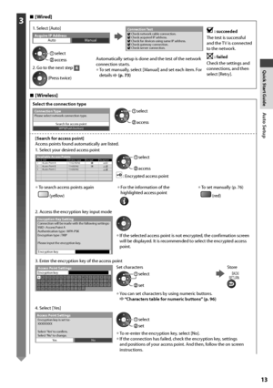 Page 13Auto Setup
13
3  ■[Wired]
1. Select [Auto]Check network cable connection.
Check acquired IP address.
Check for devices using same IP address.
Check gateway connection.
Check server connection.Connection Test : succeeded 
The test is successful 
and the TV is connected 
to the network.
 : failed
Check the settings and 
connections, and then 
select [Retry].
Acquire IP AddressAutoManual
 access
 selectAutomatically setup is done and the test of the network 
connection starts.
• To set manually, select...