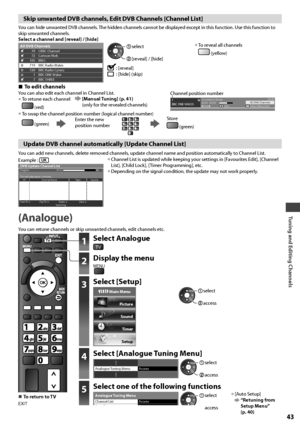 Page 43Tuning and Editing Channels
43
Skip unwanted DVB channels, Edit DVB Channels [Channel List]
You can hide unwanted DVB channels. The hidden channels cannot be displayed except in this function. Use this function to 
skip unwanted channels.
Select a channel and [reveal] / [hide]
70 CBBC Channel
72 Cartoon Nwk
105 BBCi
719 BBC Radio Wales
720 BBC Radio Cymru
1BBC ONE Wales
7 BBC THREEAll DVB Channels
 [reveal] / [hide]
 select
: [reveal]: [hide] (skip)
• To reveal all channels
 (yellow)
  ■To edit...